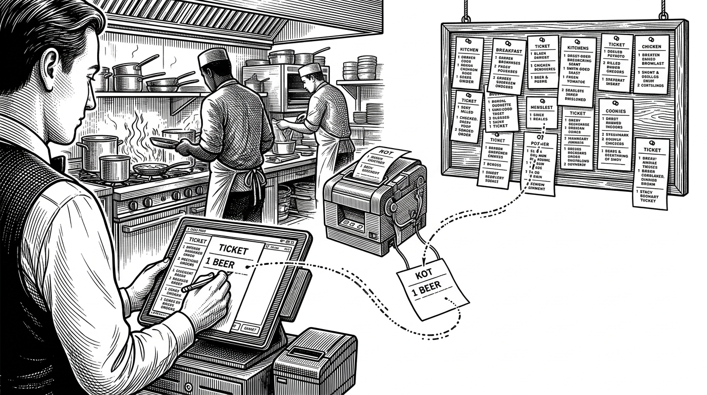 A wide restaurant pass shown in three layers. A waiter edits an existing ticket, a narrow kitchen slip prints only the new line item, and the kitchen board keeps moving on the original order. The image explains the repo’s central idea: order changes become deltas, not duplicate tickets.