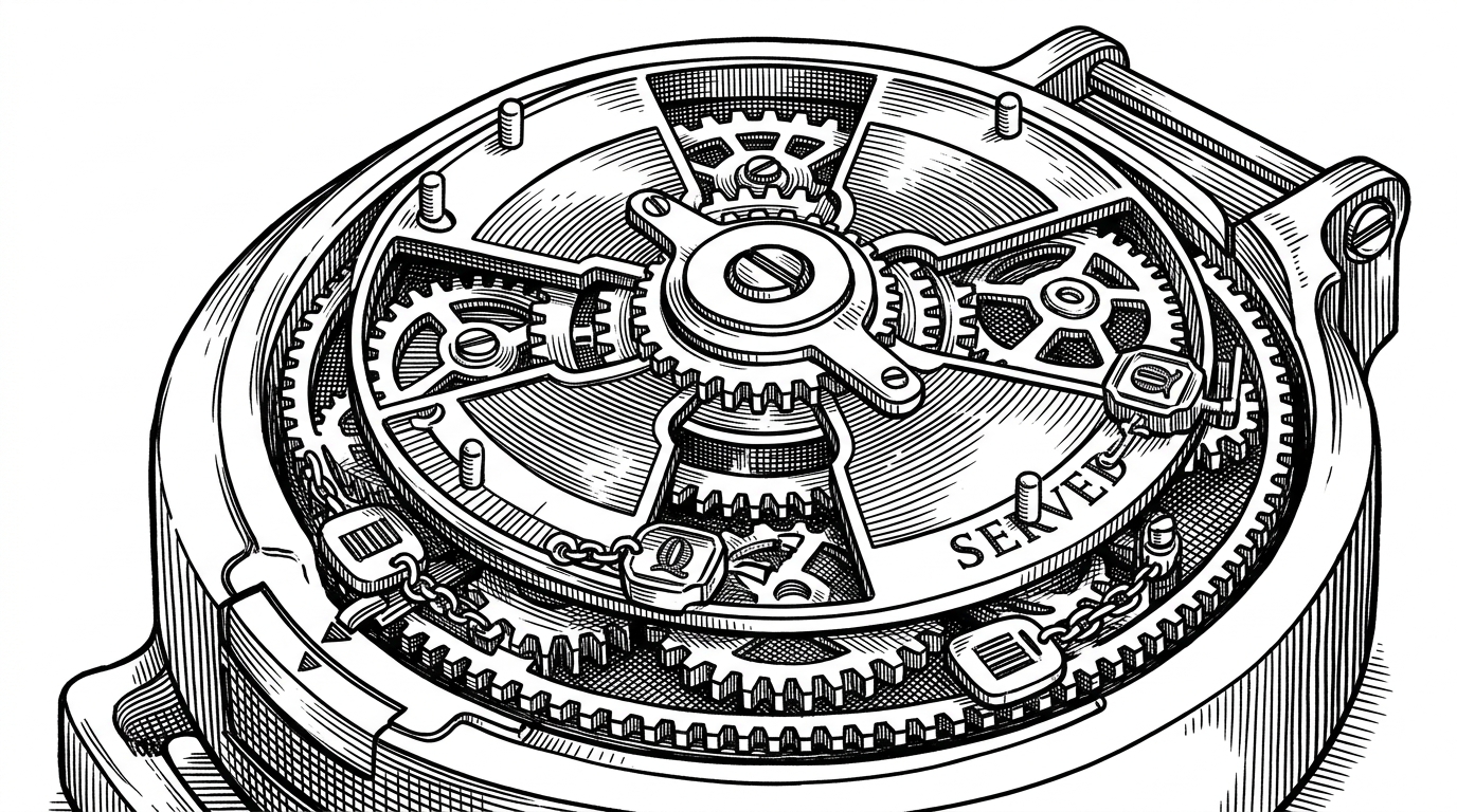A close-up mechanical dial shows a restaurant table moving through states. Small linked tokens labeled as order, kitchen ticket, and table move between positions. One token is stamped to show that part of the order has already been confirmed. The image explains how the repo models the dining room as a state machine rather than a static record.