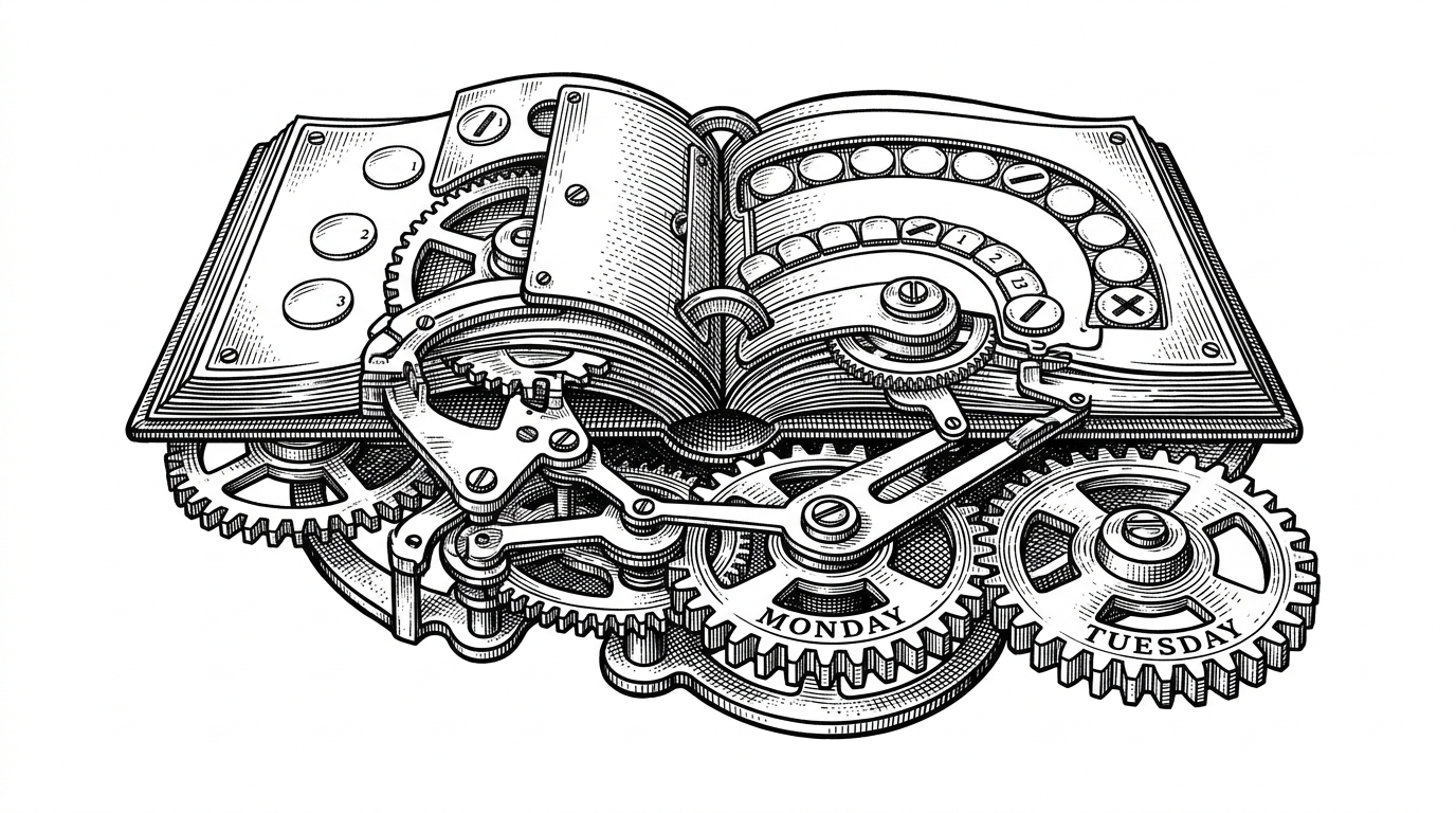 A calendar rendered like a mechanical device, with gears underneath that advance only on valid habit days. Monday engages the mechanism while Tuesday is bypassed for a Monday-only habit. The image explains that Streaks treats consistency as a rule set, not a naive day-by-day counter.