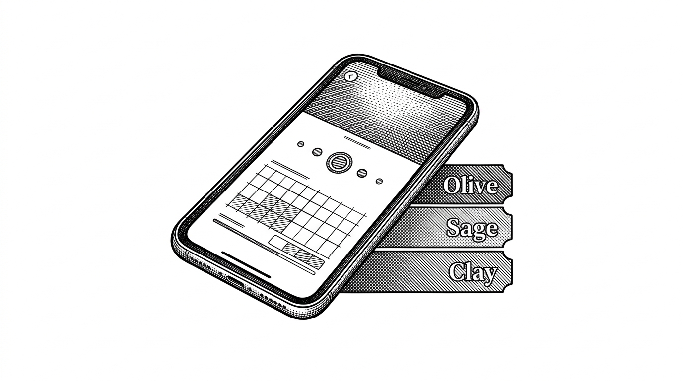 A close-up product scene with a phone screen beside stacked color swatches labeled Olive, Sage, and Clay. The screen shows a calm habit grid and a custom navigation treatment, which explains how the UI language reinforces the app’s understated product promise.