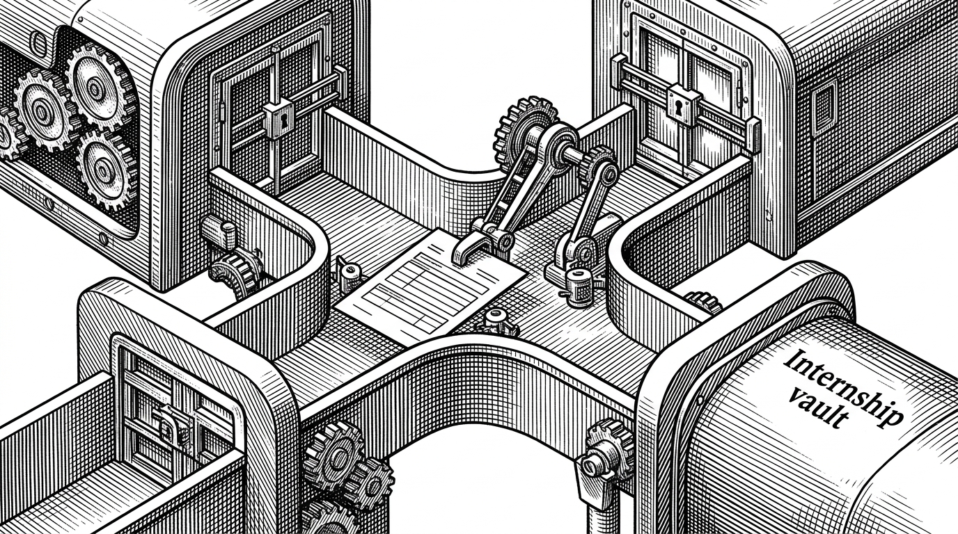 A close-up editorial illustration of a single application form splitting into two locked channels. One path leads to a job vault and the other to an internship vault, while a validator arm blocks any form that tries to enter both or neither. The scene explains the model constraint that makes SIPMS's application flow unambiguous.
