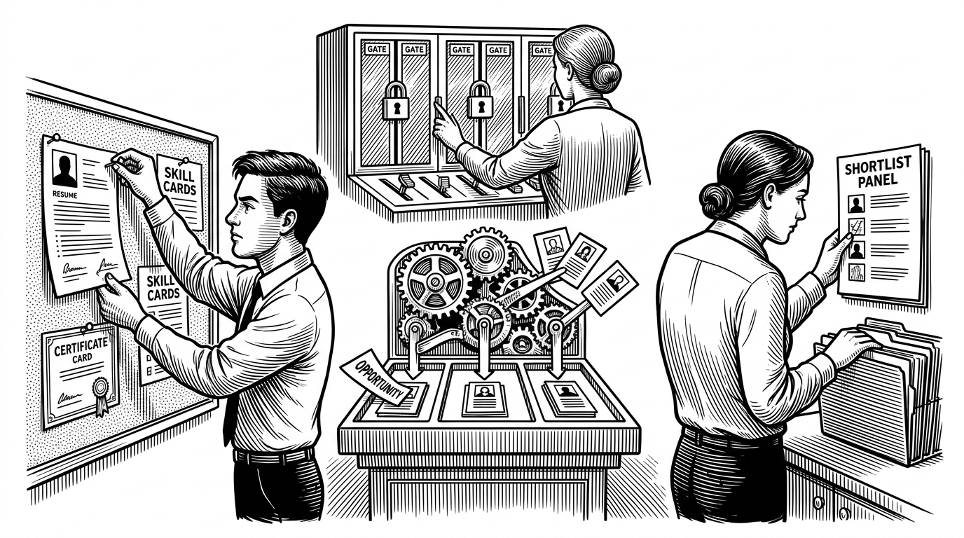 A wide editorial illustration of a three-way placement control room. A student pins resume cards on one side, a recruiter studies a shortlist on the other, and an admin works a gate switchboard above them while a central matching console routes candidates into the right lane. The scene explains that SIPMS is a governed matching system, not just a listings page.