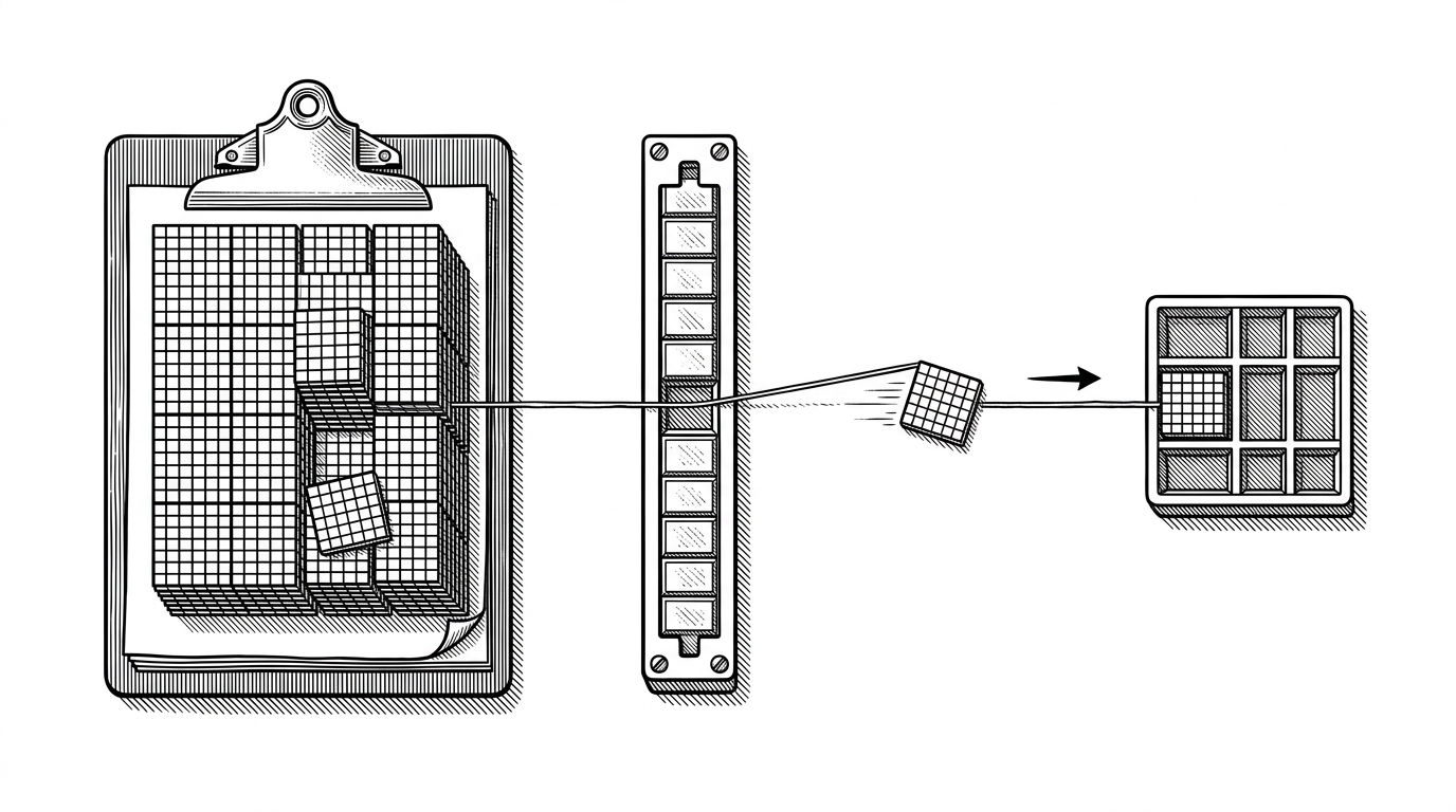 A close-up editorial scene shows one matrix tile moving through three stations: a firmware clipboard stacked with 8x8 tiles, an MMIO register panel, and a tiny systolic array tray. The image explains why tiling exists and how fixed hardware can still handle larger matrices.