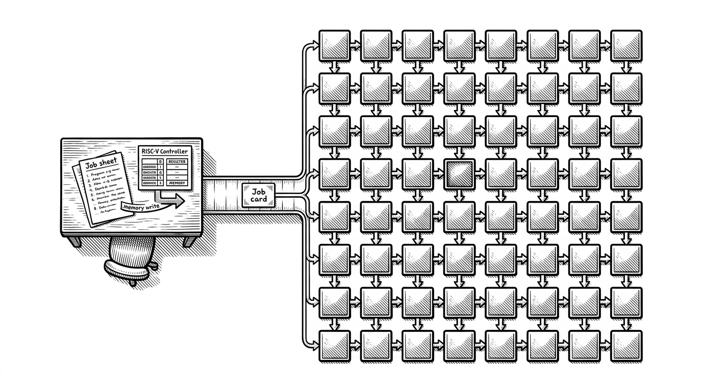 A wide editorial scene shows a small RISC-V controller desk on the left sending a job card across a narrow bridge into an 8x8 grid of processing cells on the right. The image explains that Tiny-TPU is not just compute hardware. It is a control path, a datapath, and a software handoff working together.