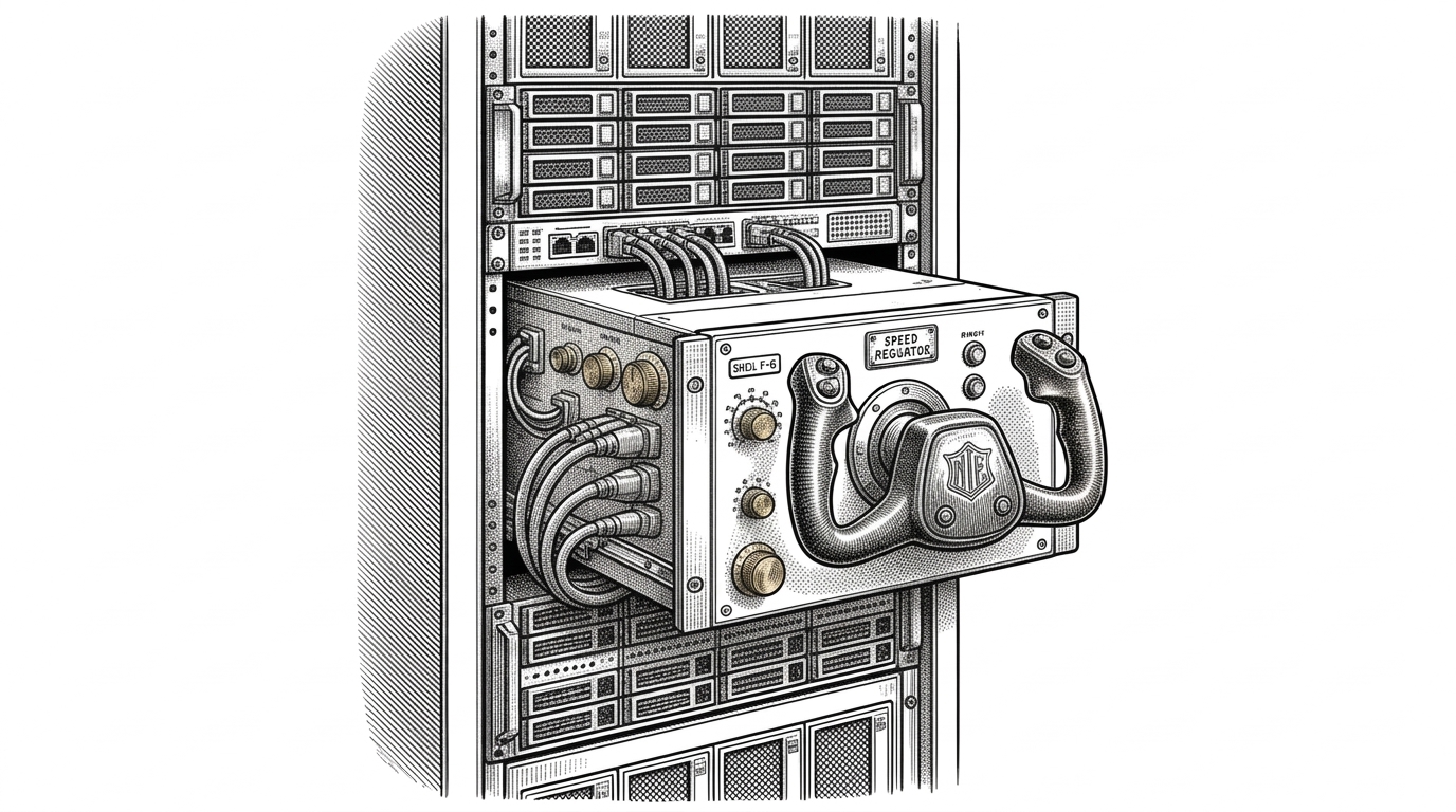 A standard server rack with one modified server blade featuring physical brass dials, thick cables, and a steering yoke, representing an infrastructure built for AI control.