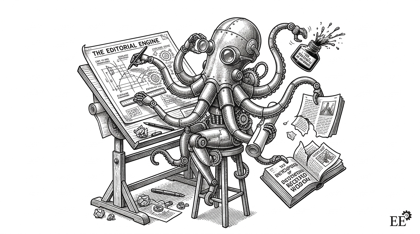 A mechanical octopus at a drafting table simultaneously drawing a blueprint, spilling ink, and tearing a manual, illustrating the chaotic nature of unconstrained AI agents.