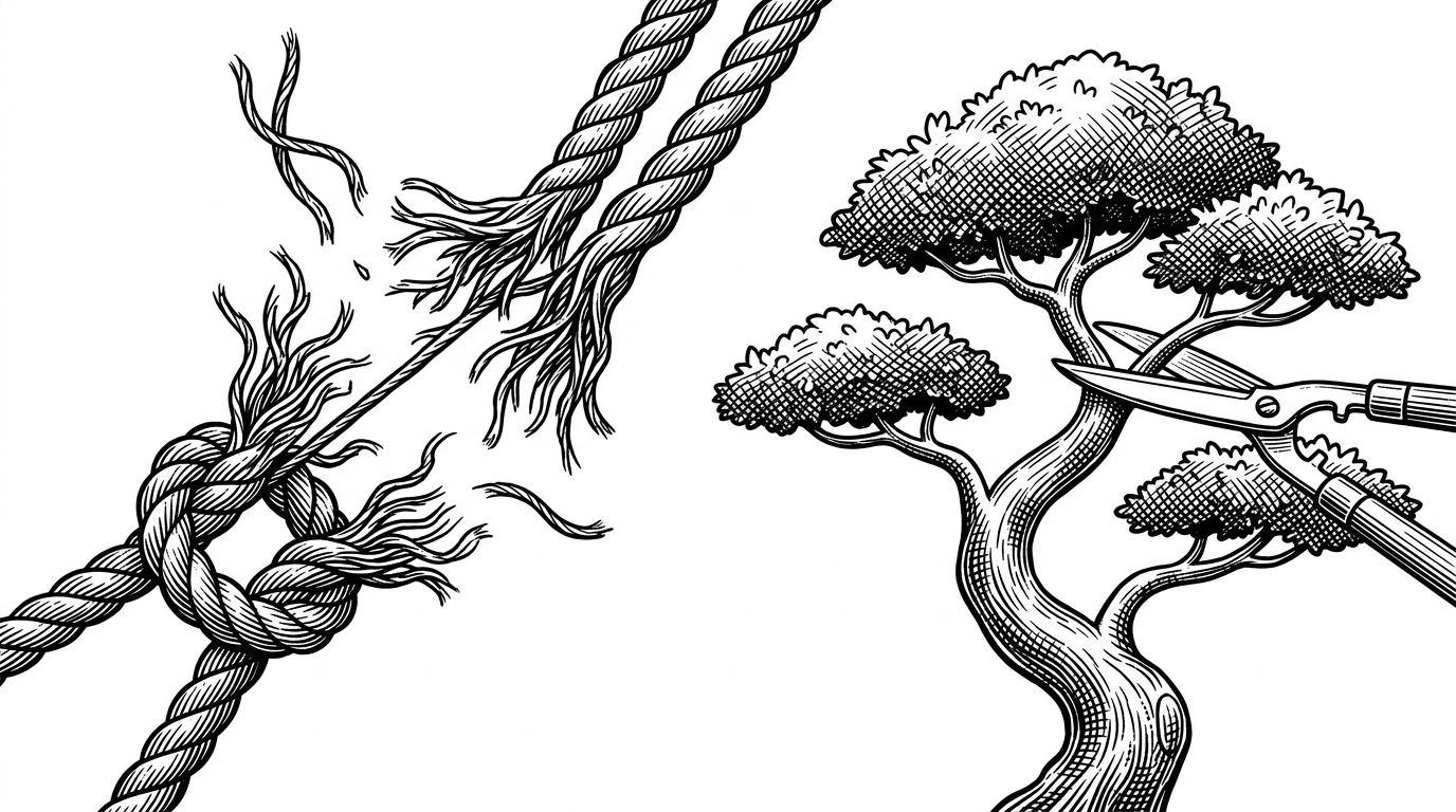A split image showing a tangled knot of snapping ropes on the left, and a neatly pruned bonsai tree on the right.