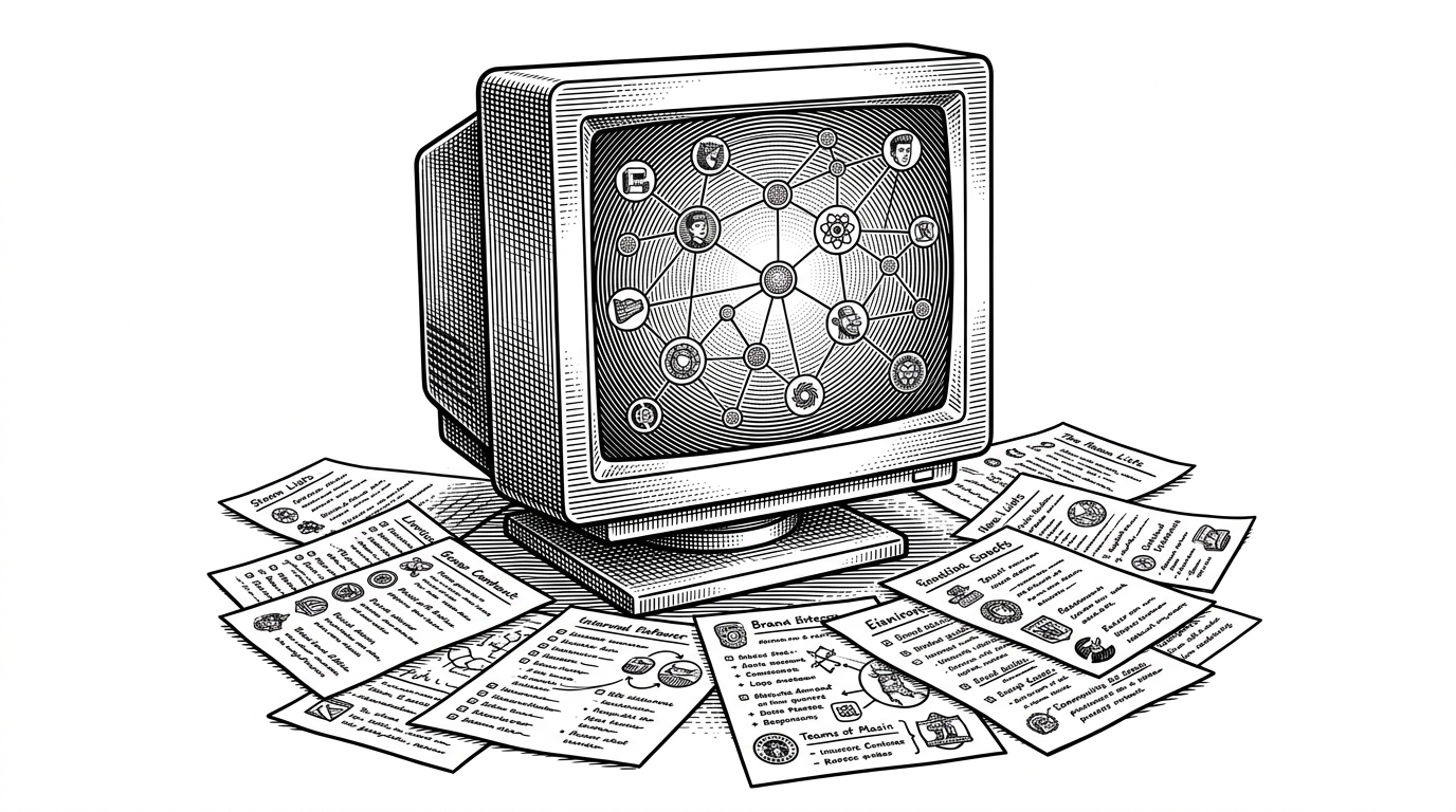 A classic CRT monitor displaying a complex web of nodes, standing out from flat paper lists scattered around it.