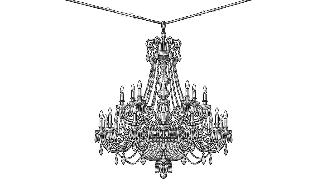A single golden thread supporting a massive, complex chandelier.