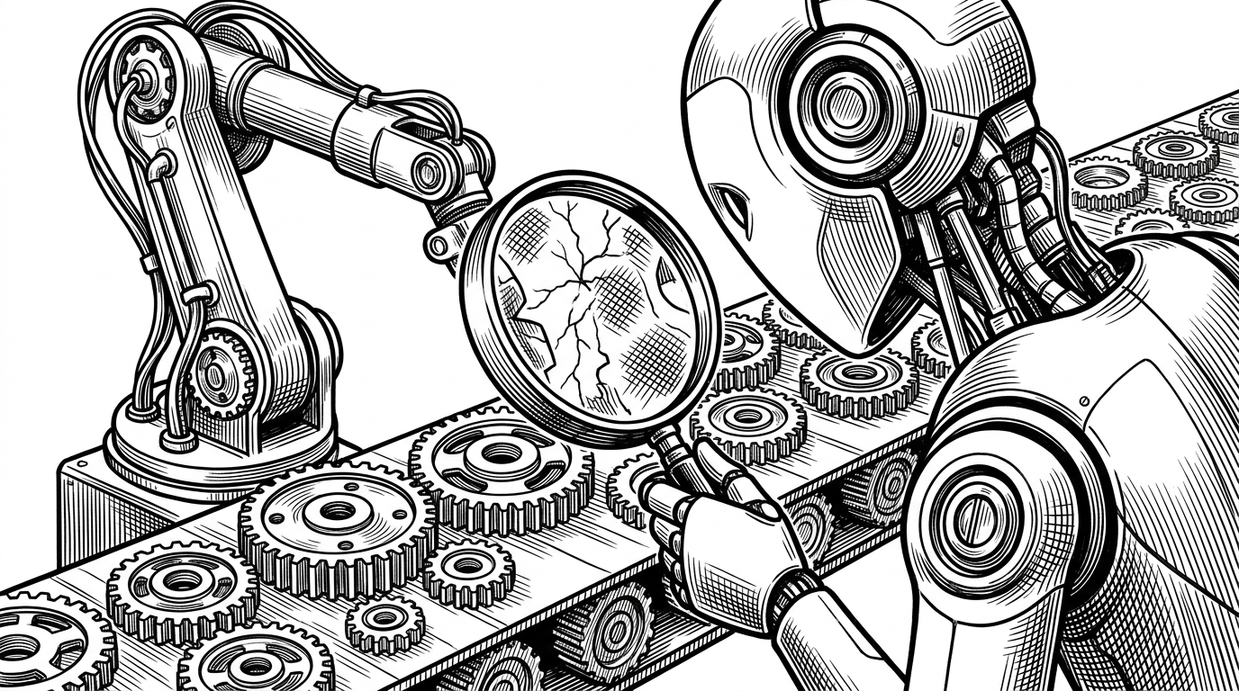 A robotic arm sorting a conveyor belt of gears, looking through a magnifying glass that reveals heat maps on the metal.