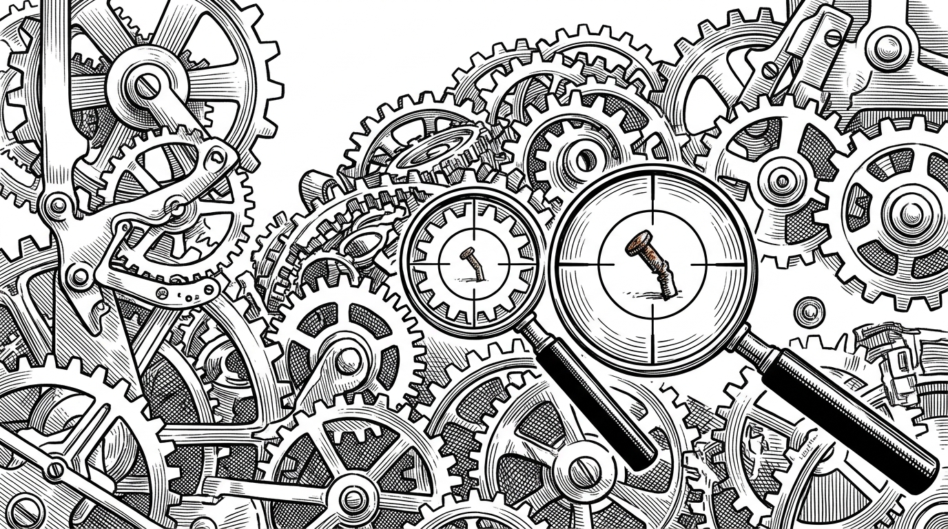 A complex clockwork mechanism where one tiny bent pin causes a massive pile-up of larger gears, viewed through a magnifying glass.