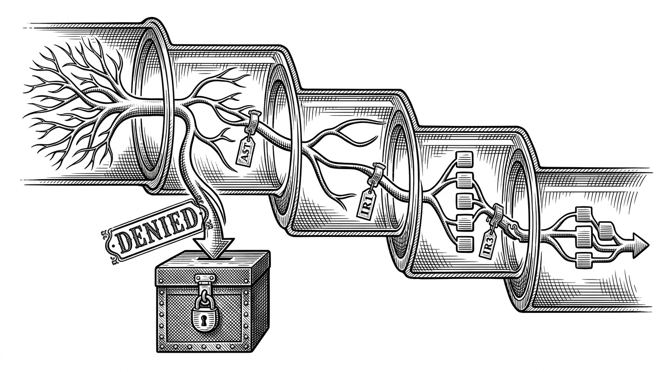 A close-up cross-section of a lowering pipeline with transparent chambers labeled by stage. A source tree narrows through successive IR layers while proof seals and denial stamps are attached to branches, and one forbidden flow is diverted into a locked archive box. The scene explains how compilation becomes policy enforcement.