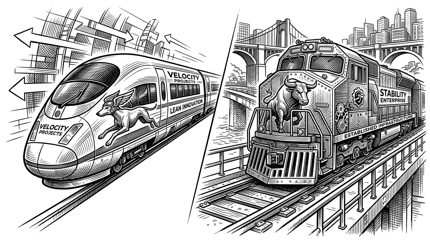 A split composition. Left: A sleek bullet train balancing precariously on a single thin rail. Right: A heavy armored locomotive locked securely onto a wide multi-track rail system with thick steel guardrails.