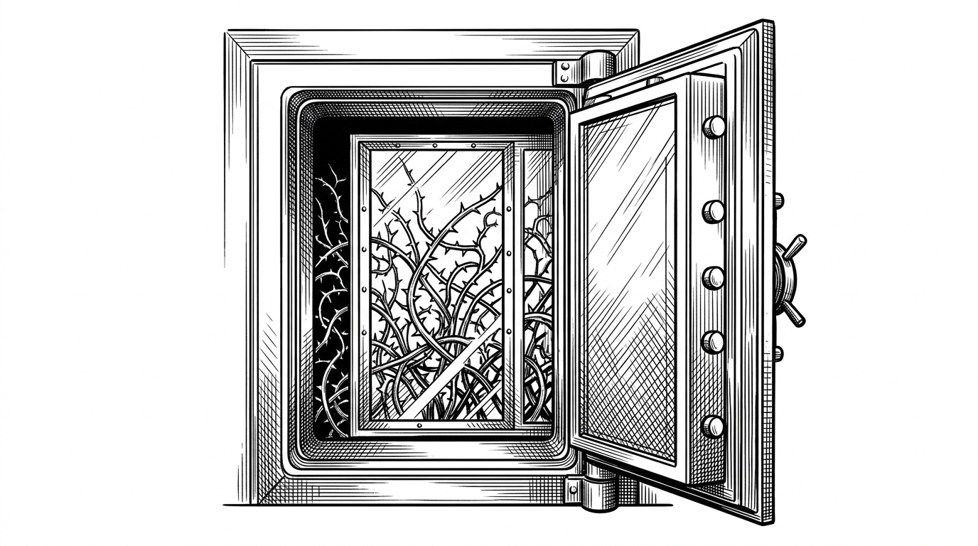 A heavy steel bank vault door slightly ajar. Inside the vault, a wild, tangled thicket of thorny vines is safely contained behind an inner wall of thick, reinforced glass. This represents active containment of hostile NPM packages.