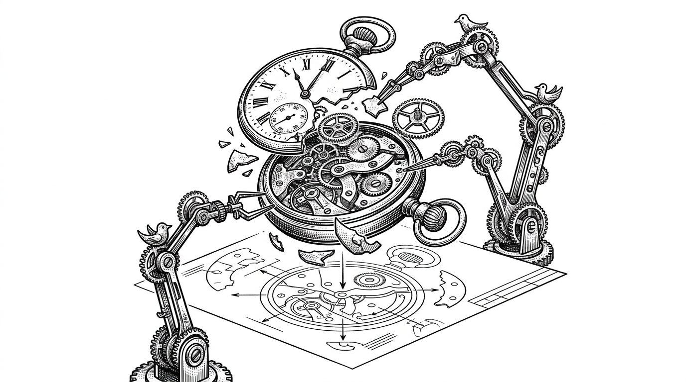 A shattered pocket watch suspended in mid-air, being perfectly reassembled in reverse by a mechanical armature. This represents deterministic incident replay and time-travel debugging.