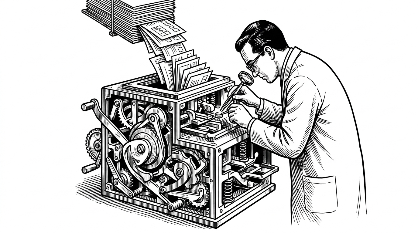 A crowded clockwork puzzle box is jammed with tiny gears, cams, and spring traps while test cards rain in from above. It represents the hidden complexity of NumPy parity, where edge cases matter more than basic array math.