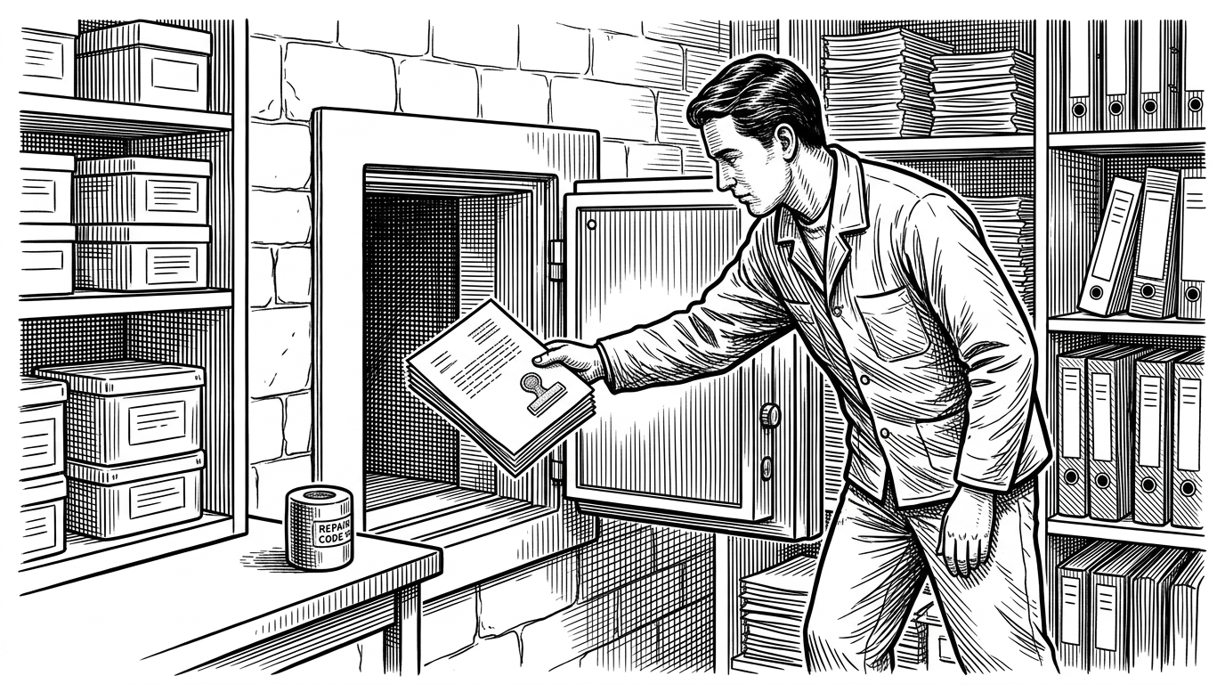 A secure archive room holds artifact containers, parity reports, and repair-coded sidecars while a clerk files a stamped sheet into a vault. It explains how the repo treats verification as evidence to preserve, not just a test result to discard.