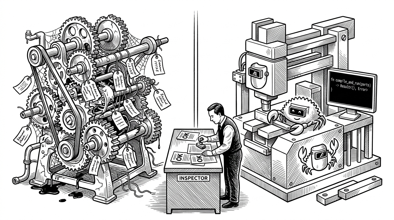 A split mechanical workshop shows a brittle legacy machine on one side and a precision-built Rust machine on the other, with an inspector's desk between them. It explains the repo's core idea: rebuild NumPy's behavior without trusting the rewrite until the oracle agrees.