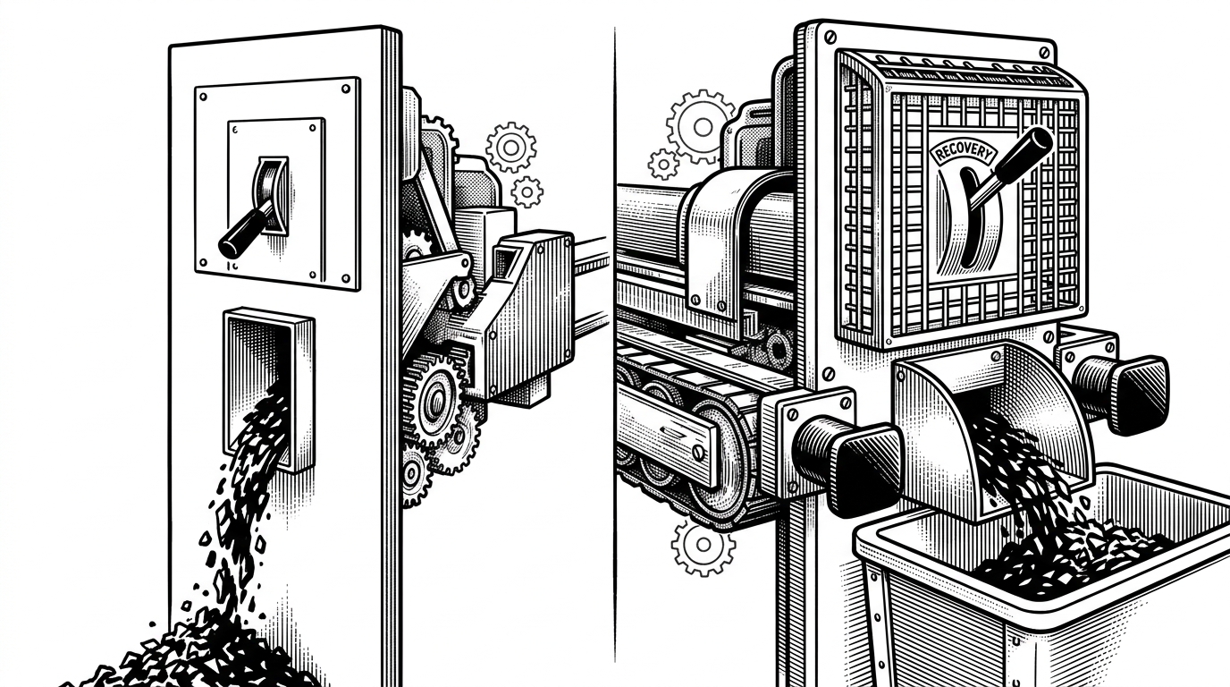 Two similar control panels sit side by side, but one is exposed and spare while the other has shields, recovery levers, and extra guards around the output path. It illustrates the project's split between exact compatibility and bounded defensive recovery.