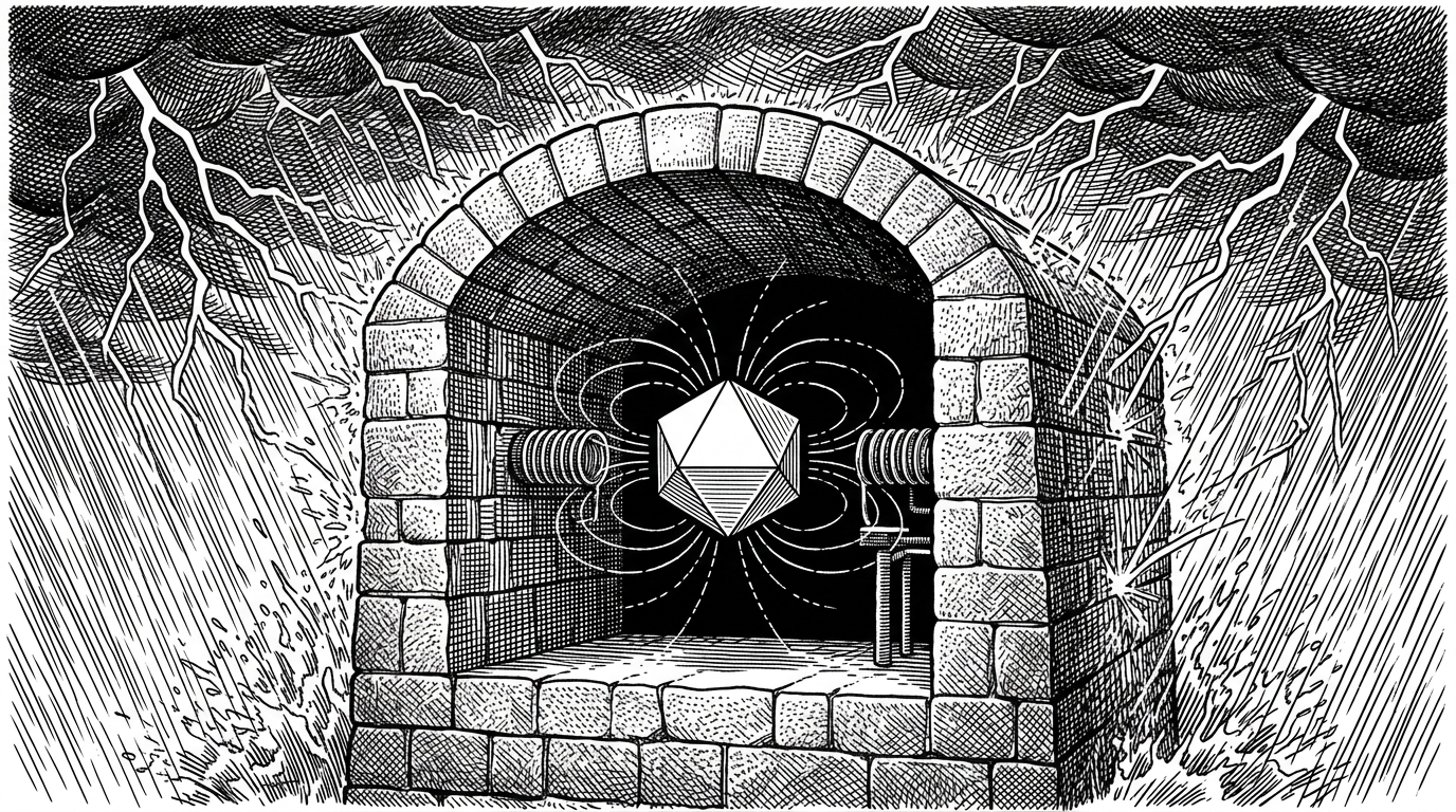 A cross-section of a stone vault protecting a crystal from a chaotic storm outside.