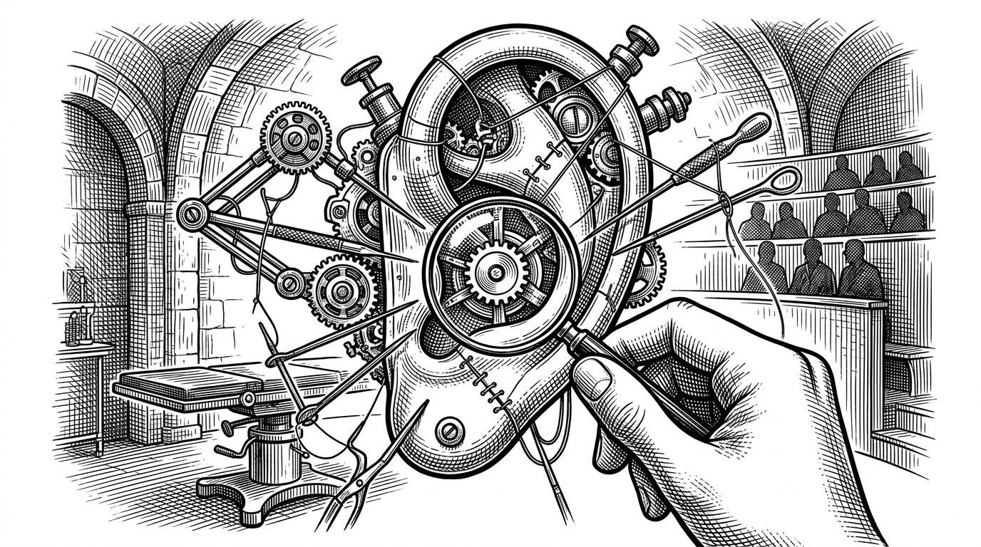 A vintage medical theater where a mechanical ear is assembled, representing the Franken-Rust architecture stitching together disparate backends.