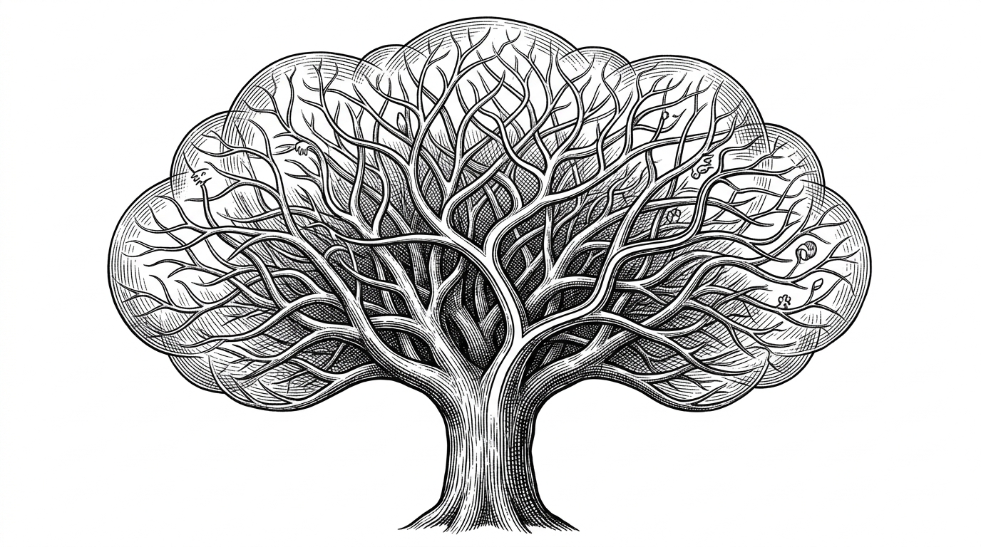 A single tree trunk splitting into a shimmering cloud of hundreds of possible branch configurations, with one highlighted path.