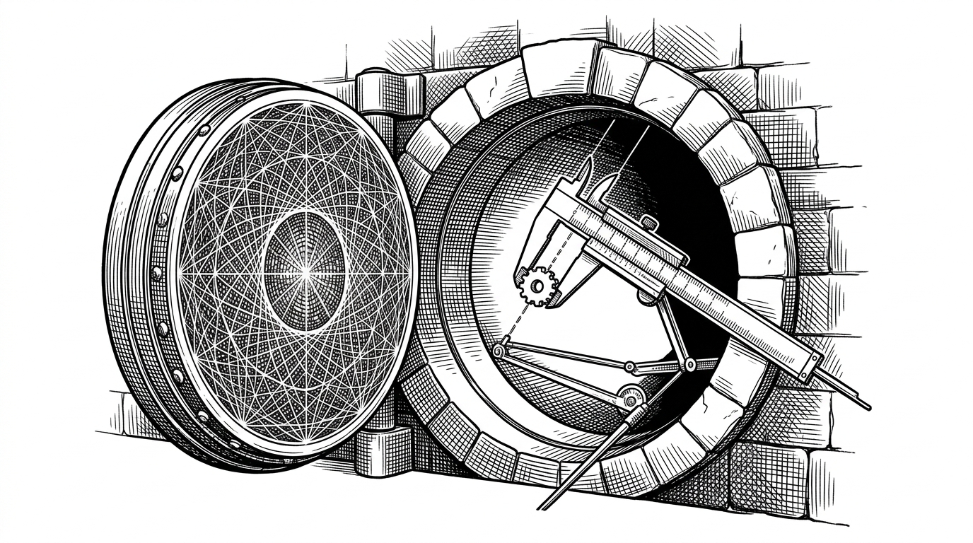 A massive, ancient stone vault where the door is a glowing, complex mathematical lattice. Inside, a single, tiny, perfect gear is being measured by laser-precise calipers.