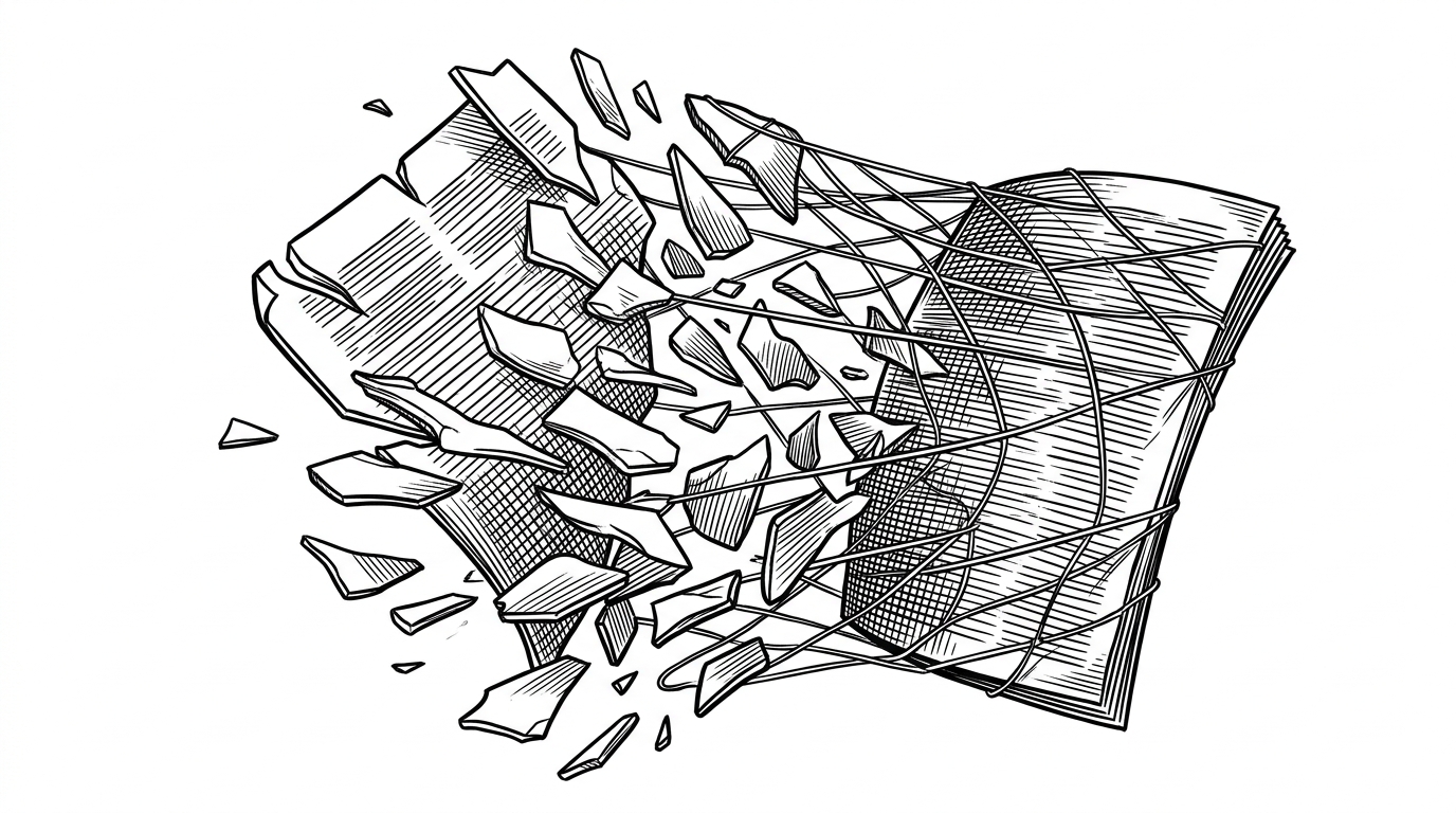 A document being shattered into a hundred floating shards, caught by a net of thin threads that pull them back together.