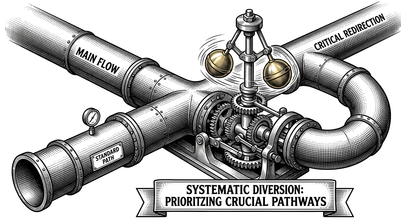 A heavy industrial pipe splitting into two. The main valve is controlled by a massive mechanical governor with spinning brass weights, diverting fluid into a smaller bypass pipe.