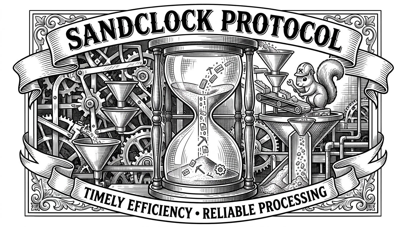 An hourglass where sand falls instantly through a straight central tube, while a secondary complex set of gears processes the remaining grains in the background. It represents the dual-tier progressive search architecture.
