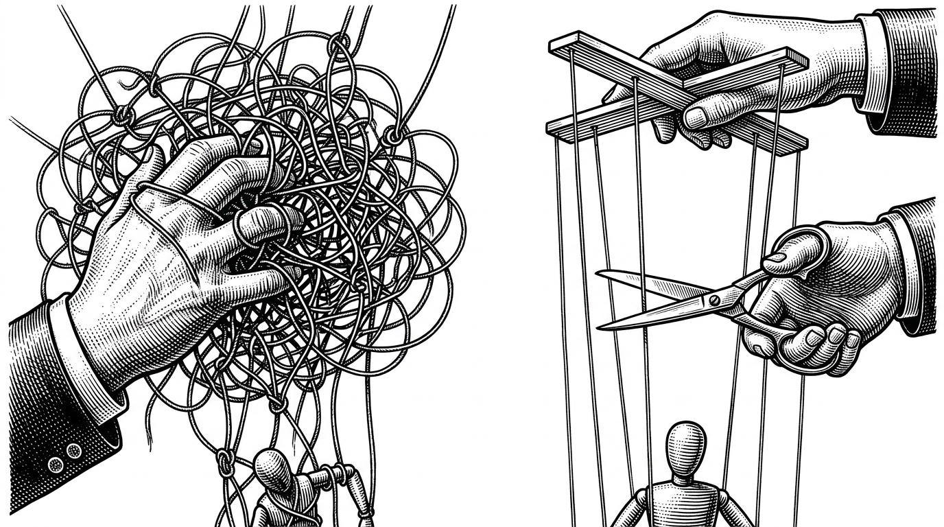 Two hands controlling marionette strings. The left hand holds a tangled knot. The right hand holds an organized control bar where open scissors cleanly snip a single string.