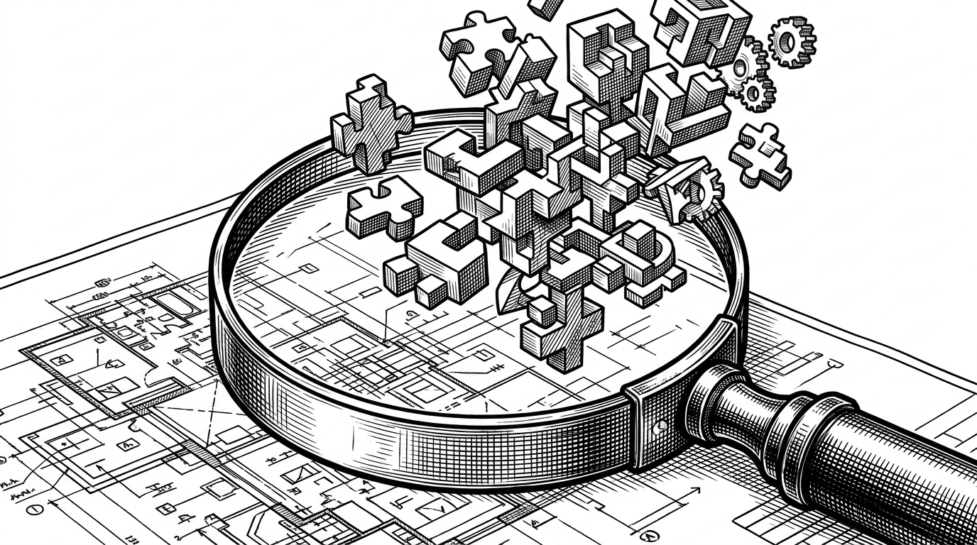 A magnifying glass held over a blueprint, where the magnified lines lift off the paper and become 3D puzzle pieces.