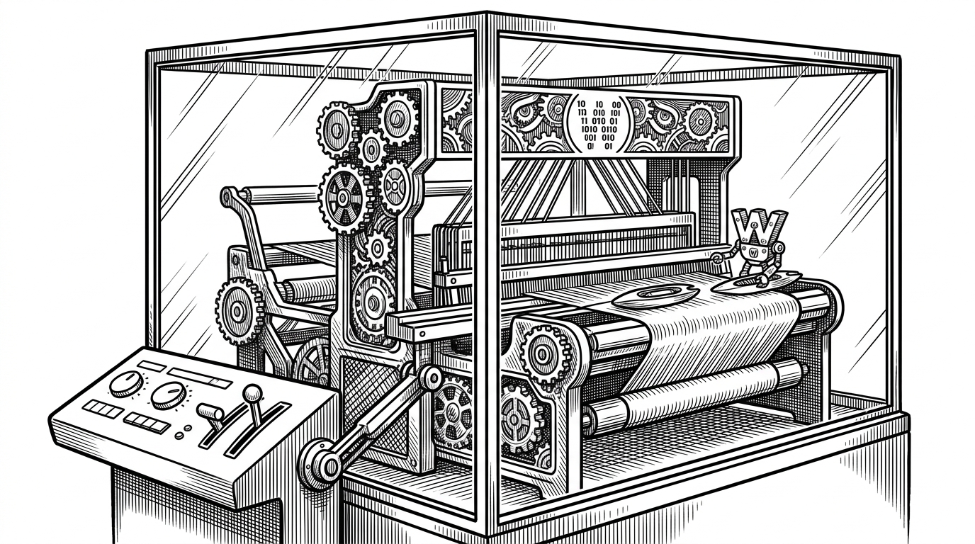 A complex mechanical loom enclosed in a glass case, representing a database, with a control panel outside allowing a user to manipulate the gears inside.