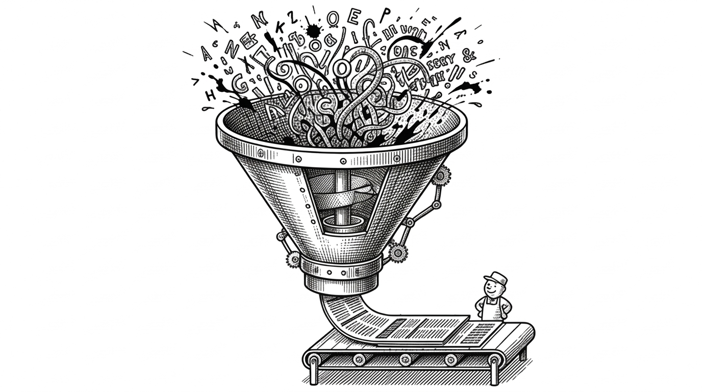 A mechanical funnel converting chaotic broken letters into perfectly aligned text blocks on a conveyor belt, representing the OCR cleanup process.