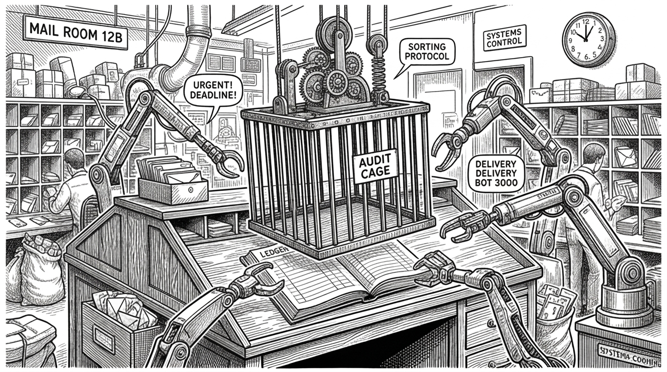 A vintage mailroom sorting facility where several mechanical arms reach for the same ledger, but an iron cage descends to block them.