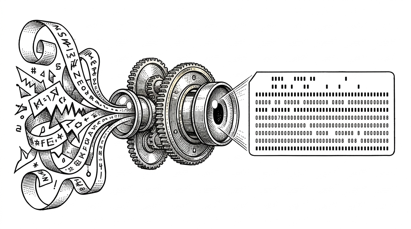 A mechanical eye inspecting a ticker tape and outputting a clean punch card, representing NTM parsing terminal output.