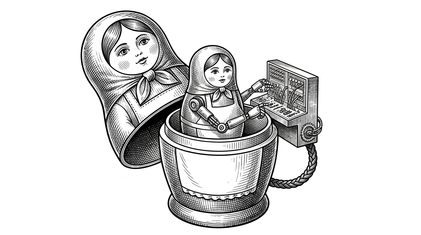 Classic wooden nesting dolls with mechanical arms operating a switchboard, representing recursive agent control.