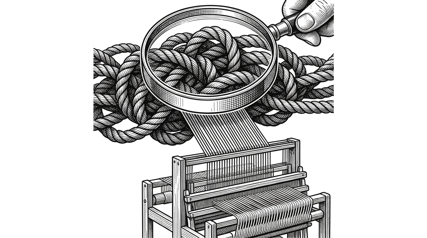 A close-up of a magnifying glass hovering over a tangled knot of thick ropes, which are then pulled perfectly straight into a neatly organized loom.