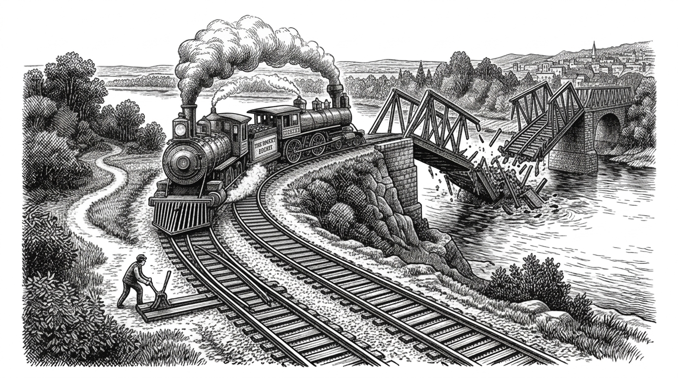 A vintage steam train traveling on a track where a bridge has collapsed ahead, with a mechanical switch track smoothly diverting the train onto a safe parallel route.