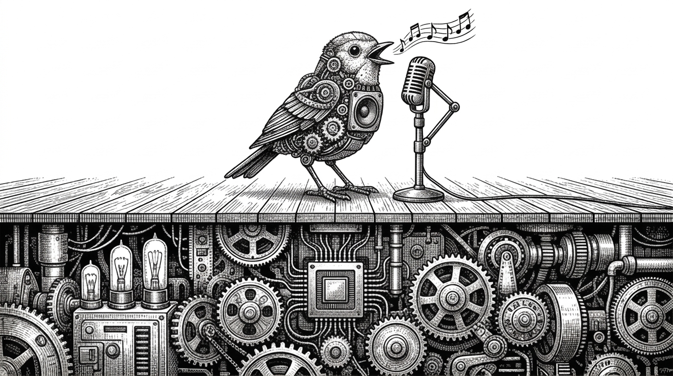 A small mechanical bird singing into a vintage microphone, with a massive array of industrial gears hidden beneath the floorboards.