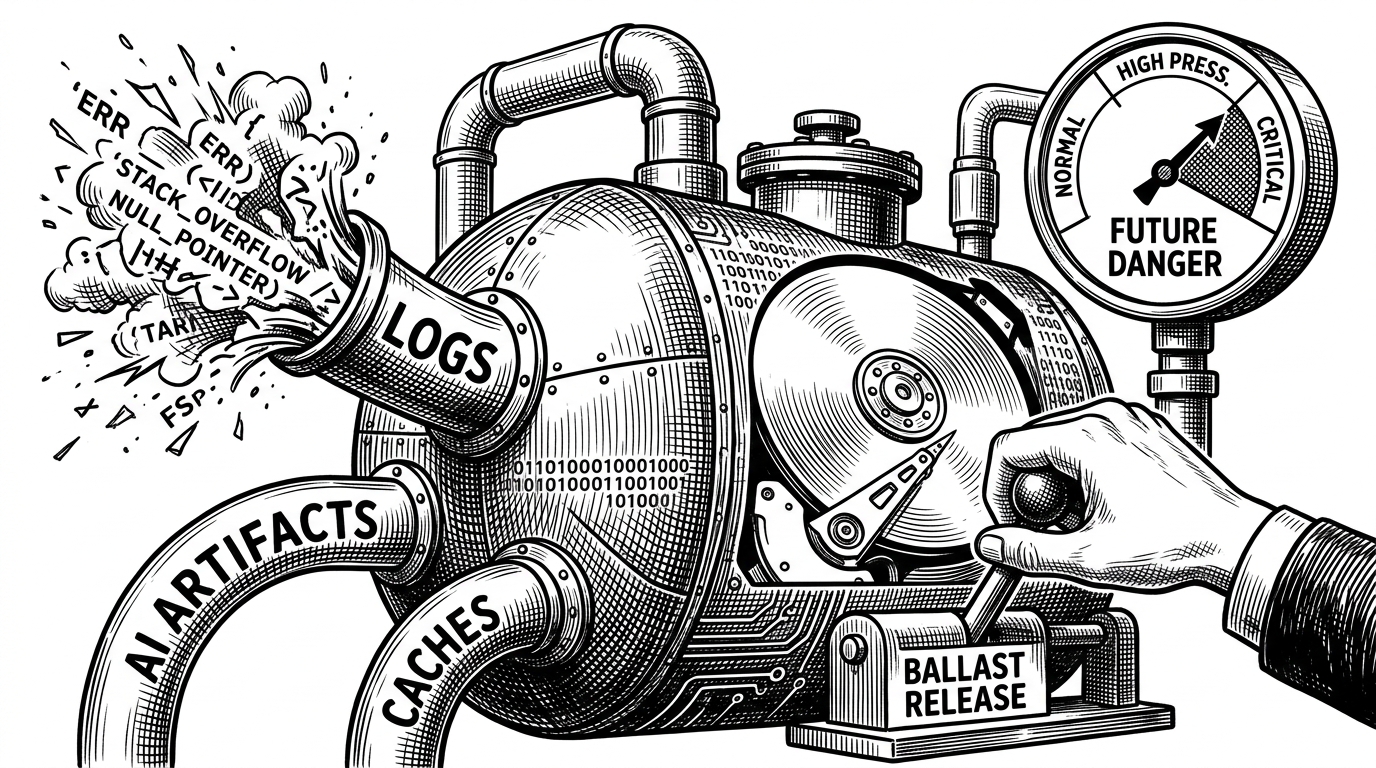 A massive, stylized pressure vessel representing a hard drive, with pipes feeding into it. One pipe is bursting, while a calm hand pulls a Ballast Release lever.