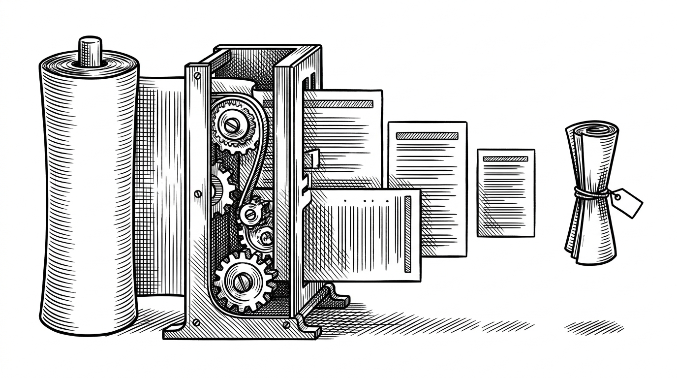 A close-up workbench shows a thick source scroll on the left being filtered into smaller instruction cards, which then emerge as a compact agent prompt on the right with a tiny ponytail tag. The image explains how one ruleset can be compressed into different intensity modes without losing the core logic.