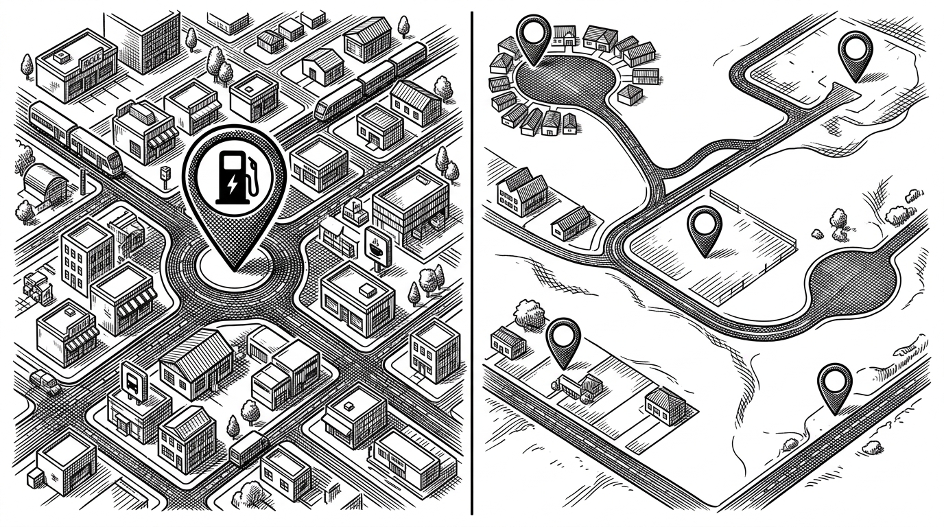 A real charger point sits beside several intentionally bad candidate points scattered into low-amenity terrain, cul-de-sacs, and isolated parcels. The contrast explains how the model learns not only where chargers exist, but where they do not belong.