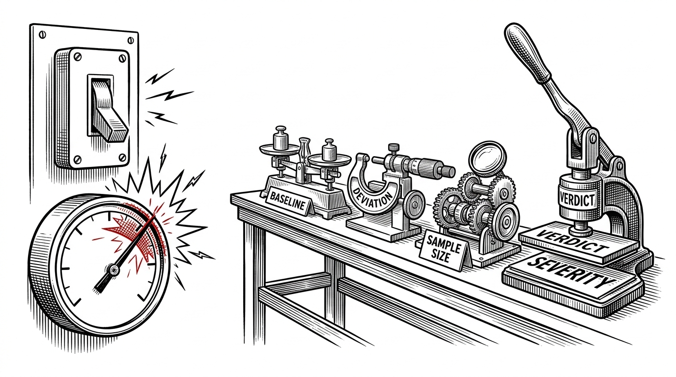 A split editorial illustration compares a rigid alarm switch on the left with a calibrated decision bench on the right. The left side fires whenever one dial crosses a hard red line. The right side weighs baseline, deviation, and sample size before producing a severity verdict. The image explains the difference between static thresholds and adaptive governance.