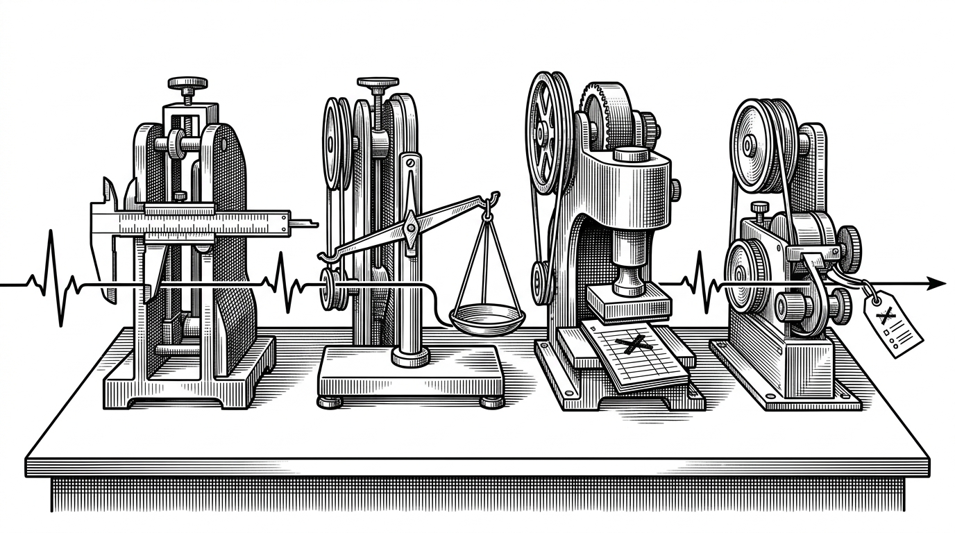 A wide control-room scene shows a single telemetry pulse entering a sequence of mechanical gates. Each gate refines the signal into baseline, stress, severity, and explanation before it exits as a stamped incident verdict. The image explains that the repo is not just detecting anomalies, it is governing decisions.
