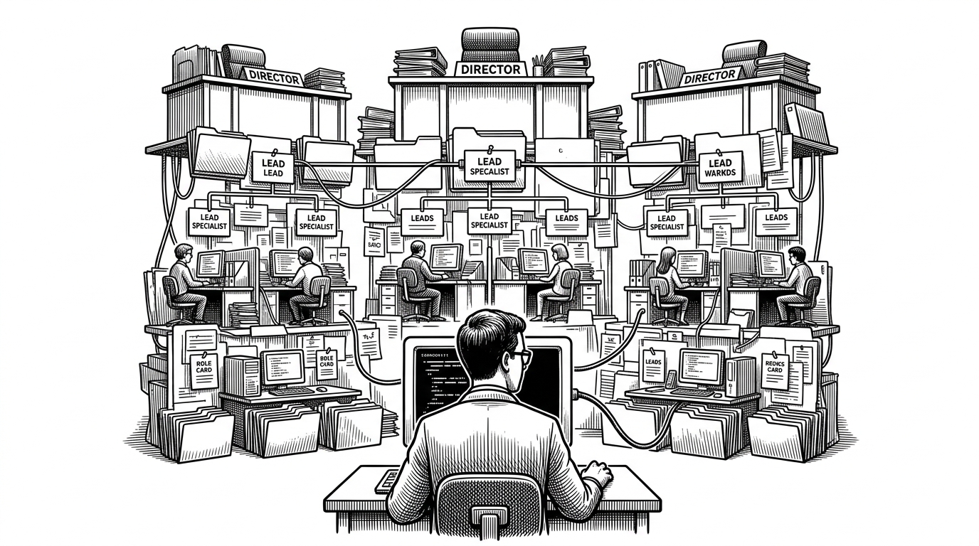 A lone developer sits at a terminal while a towering studio org chart rises above the desk like a paper machine. Role cards, approval stamps, and clustered workstations form a hierarchy that funnels work from one terminal into directors, leads, and specialists. The image explains how the repo turns a single Claude Code session into a managed production structure.