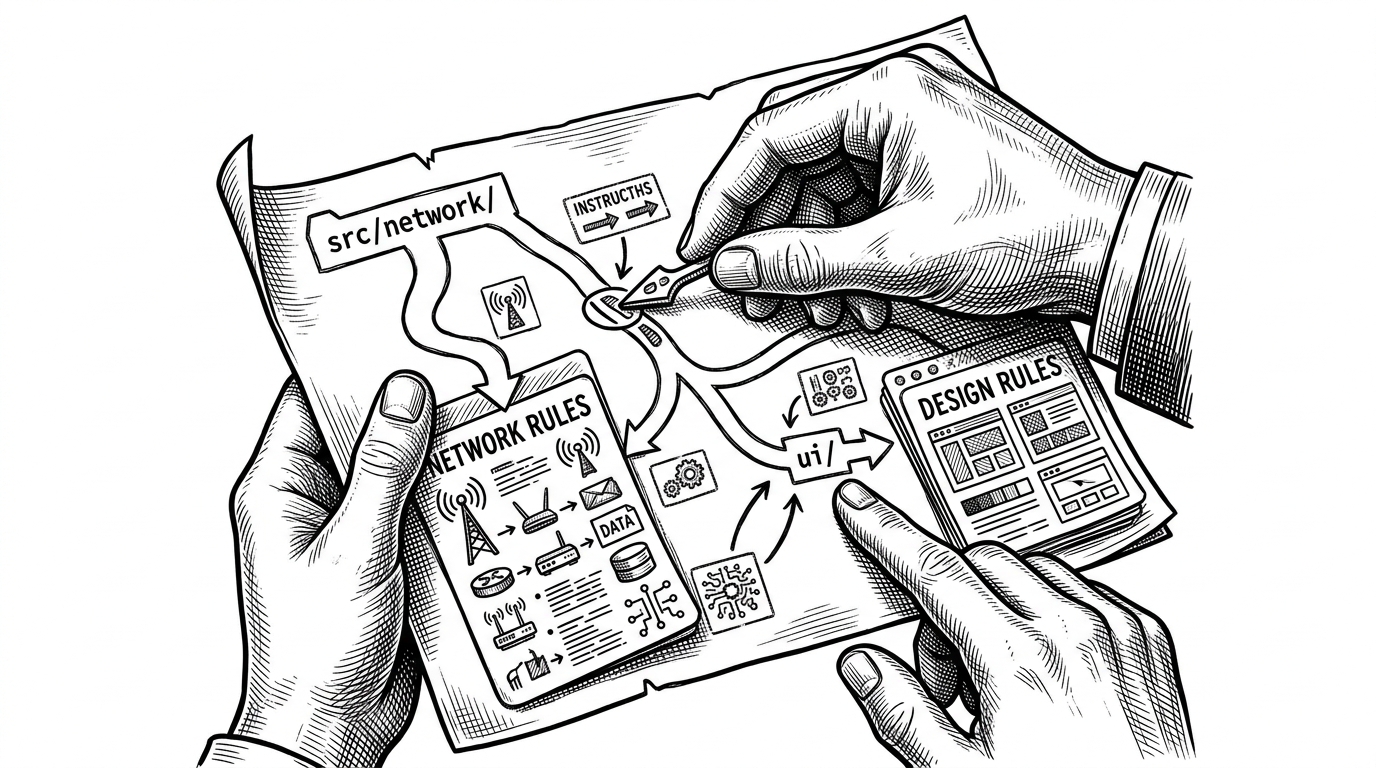A close-up view of a branching file path where different folders activate different rule cards. One branch leads into a network directory with a latency-focused instruction card, while another enters a UI directory with a layout-focused card. The image explains how path-scoped rules change the AI’s behavior based on context.
