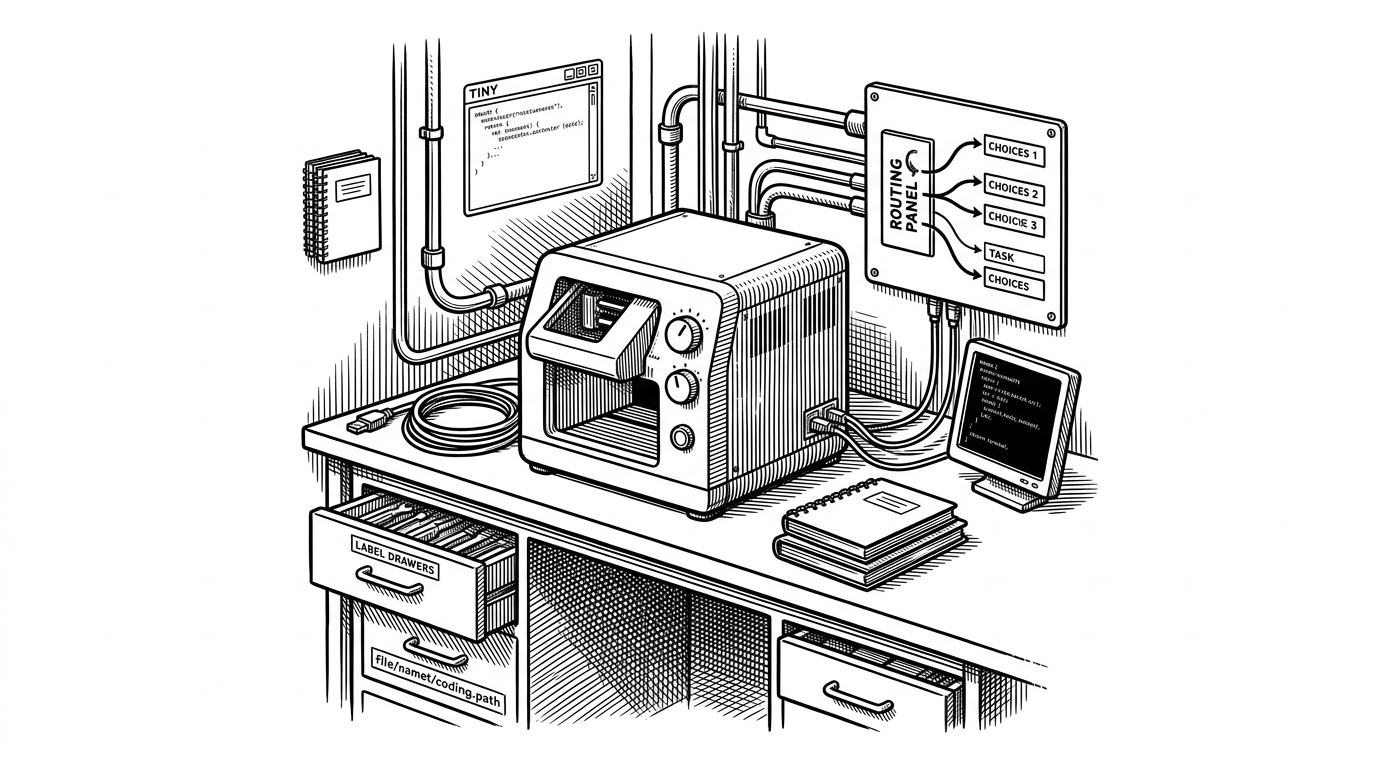 A workshop-like control system with a compact machine at the center, narrow pipes feeding in from a few labeled tool drawers, and a tight context panel that limits what the machine can see. It explains the project’s core idea: small models become useful when the software around them absorbs complexity.