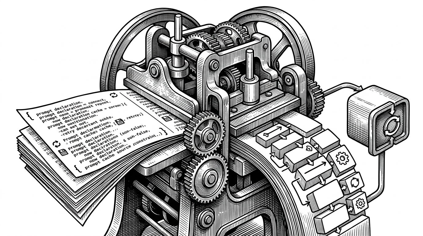 A close-up of a mechanical press stamping a prompt specification into a row of executable blocks. One side shows typed declarations with retries and cache constraints. The other side shows the resulting workflow feeding an agent loop. It explains how the repo turns prompt logic into compiled software.