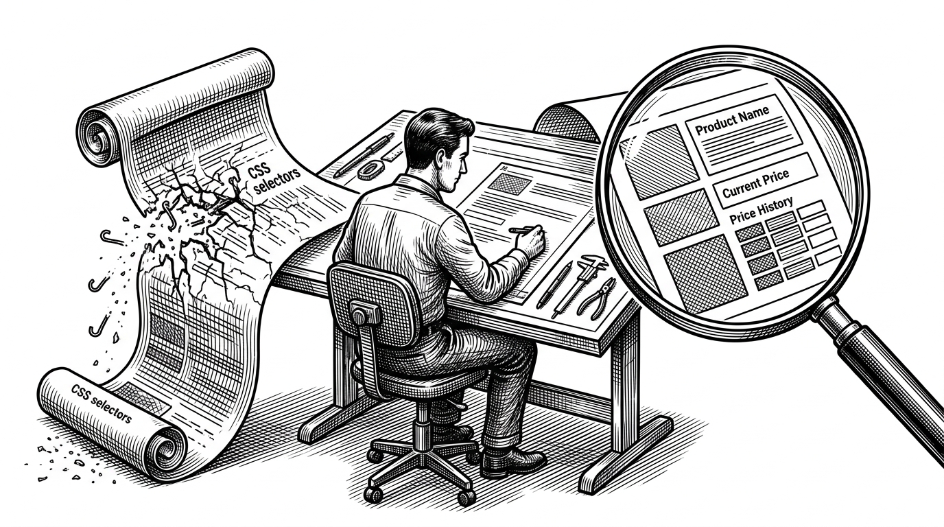 A wide editorial scene of a technician at a drafting table studying a long product page unrolled like a scroll. On one side, brittle selector hooks snap off the page. On the other, a clean product form emerges with price and history reduced to structured blocks. The image explains Dealzo’s core idea: read the web by meaning, not by fragile layout.